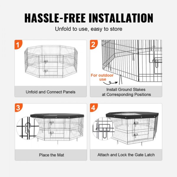 hassle-free installation steps for VEVOR dog playpen: unfold panels, install ground stakes, place mat, lock gate latch.