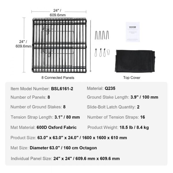 VEVOR dog playpen includes 8 connected panels, top cover, ground stakes, and detailed specs.