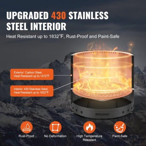 VEVOR smokeless fire pit with upgraded 430 stainless steel interior, rust-proof and high heat resistance.