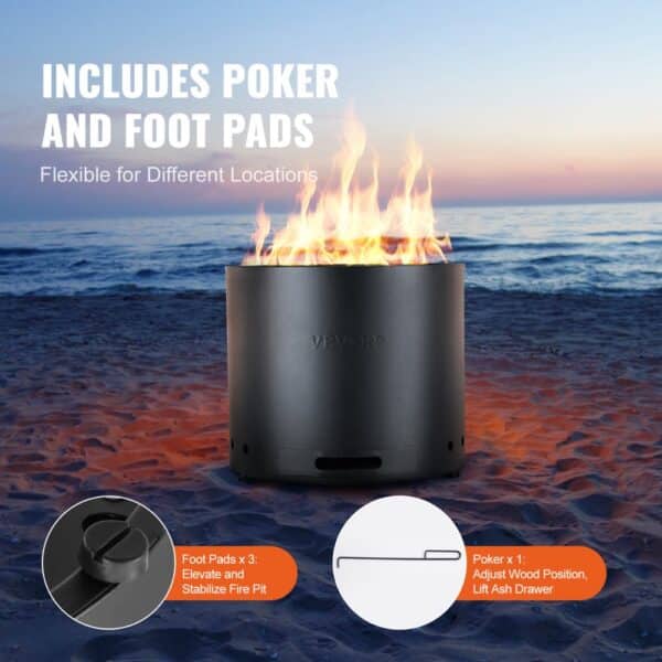 VEVOR smokeless fire pit on a beach at sunset, includes poker and foot pads for stability and adjustment.