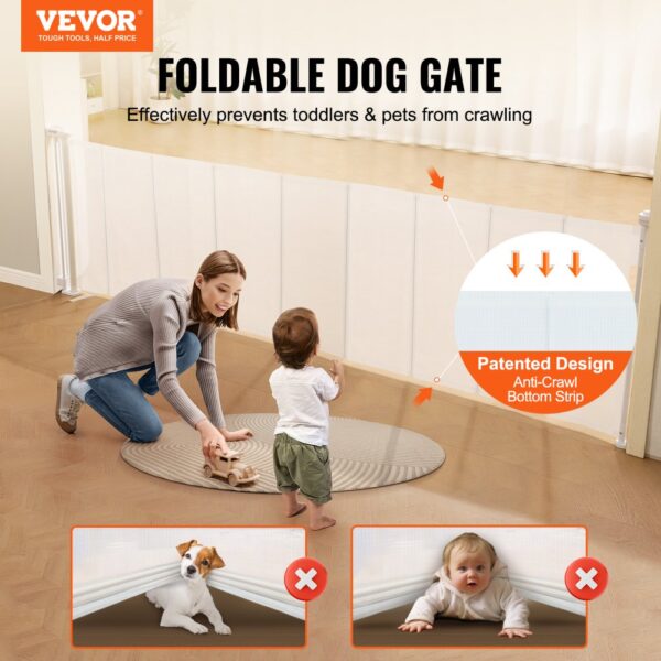 VEVOR retractable baby gate that folds, effectively prevents toddlers and pets from crawling under.