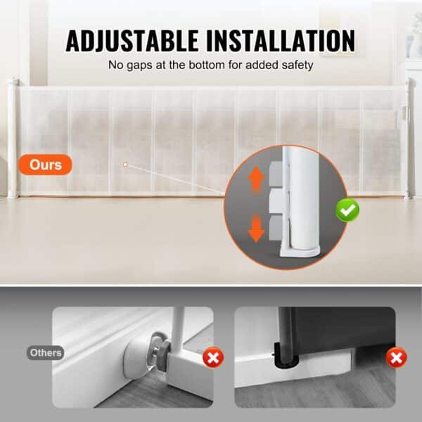 adjustable installation of the VEVOR retractable baby gate with bottom gap comparison for added safety.