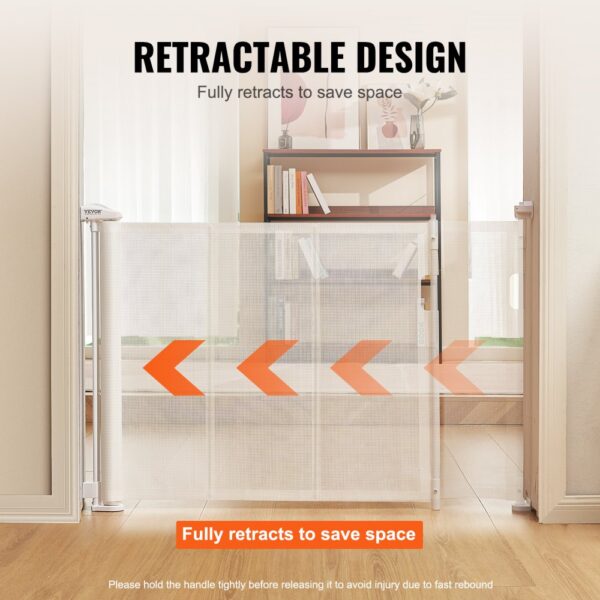 VEVOR retractable baby gate fully retracted between two walls, showcasing space-saving design.