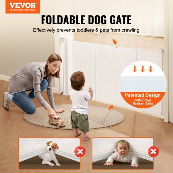 VEVOR retractable baby gate prevents toddlers and pets from crawling with anti-crawl bottom strip.