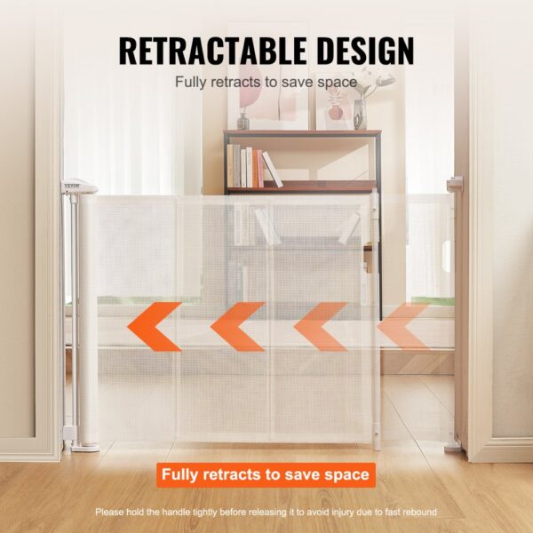 VEVOR retractable baby gate in living room, fully retracted to save space with orange arrows.