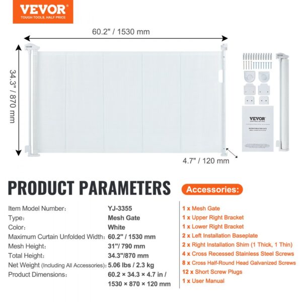 VEVOR retractable baby gate mesh, 60.2" width, white, with accessories and installation tools.