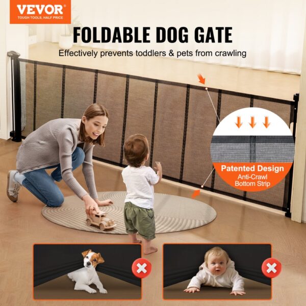 VEVOR retractable baby gate with patented anti-crawl design prevents toddlers and pets from crawling.