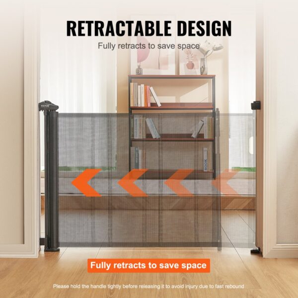 VEVOR retractable baby gate fully extended in a doorway with arrows indicating retraction direction.