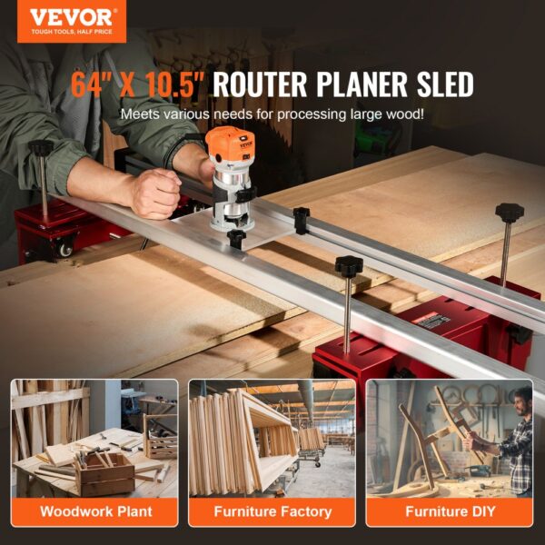 VEVOR router sled in use for large wood processing, suitable for woodwork plant, furniture factory, and diy.