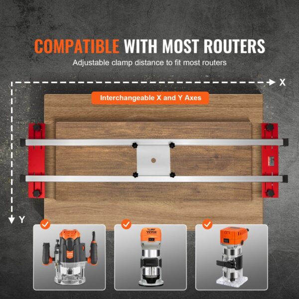 compatible with most routers, the VEVOR router sled features adjustable clamps and interchangeable x and y axes.