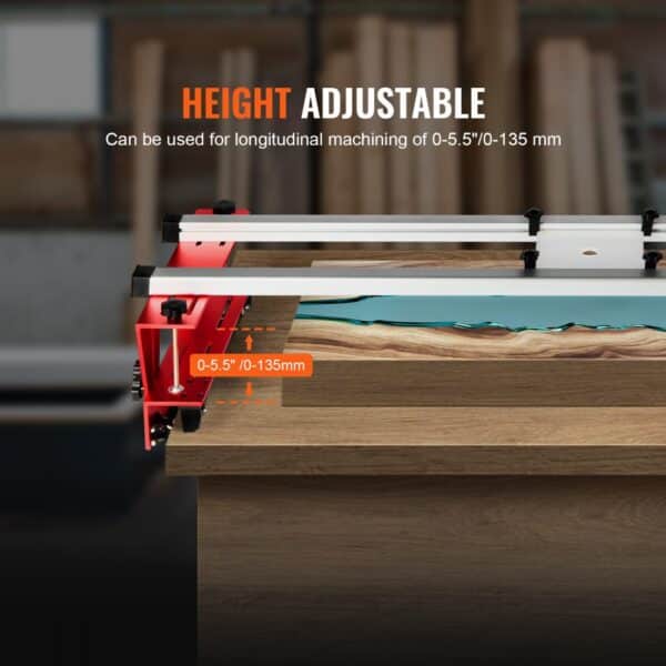 VEVOR router sled on wooden countertop with height adjustment of 0-5.5 inches/0-135mm displayed.