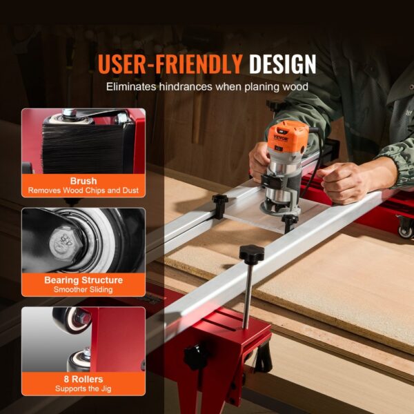 VEVOR router sled in use, highlighting brush for dust removal, bearing structure, and 8 rollers for support.