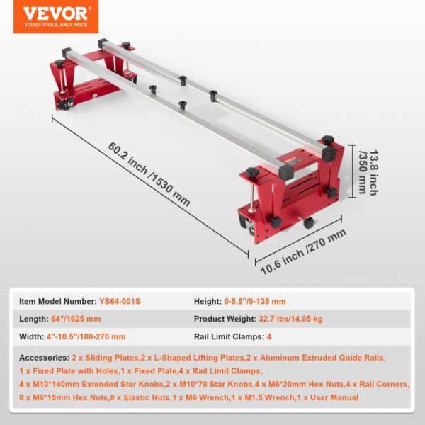 VEVOR router sled, 64" length, 4-10.5" adjustable width, 0.5-5.3" height, red with aluminum guide rails.