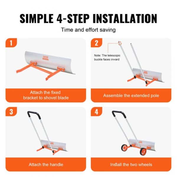 simple 4-step installation guide for VEVOR snow shovel with orange and silver components on white background.
