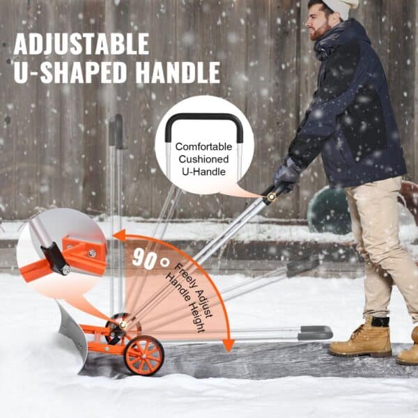 person using VEVOR snow shovel with adjustable u-shaped handle and cushioned grip in a snowy setting.