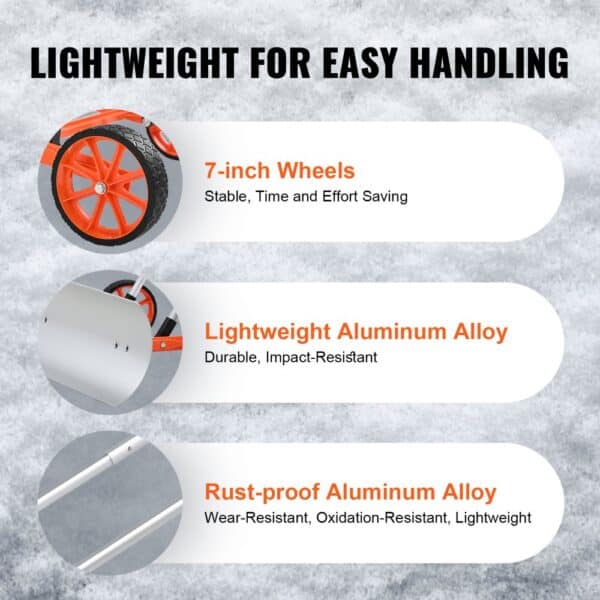 lightweight VEVOR snow shovel with 7-inch wheels and rust-proof aluminum alloy for easy handling.