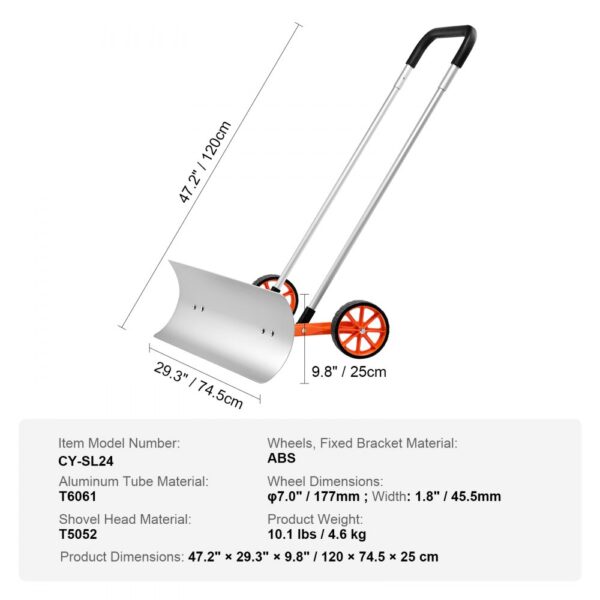 VEVOR snow shovel with orange wheels, aluminum tube, 29.3" blade, and dimensions listed.