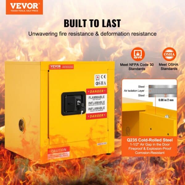 VEVOR flammable cabinet with nfpa and osha standards, fire-resistant, yellow steel.