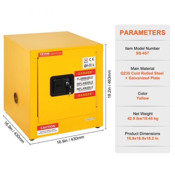 yellow VEVOR flammable cabinet, model ss-457, 16.9x16.9x18.2 inches, steel construction.