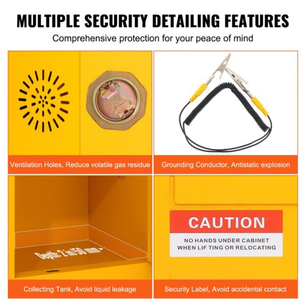 VEVOR flammable cabinet with ventilation holes, grounding conductor, and security label.