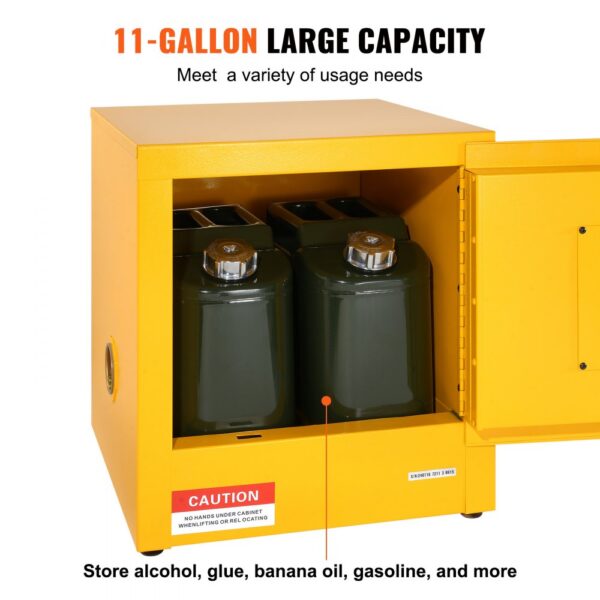 VEVOR flammable cabinet storing containers, 11-gallon capacity, yellow, open door.