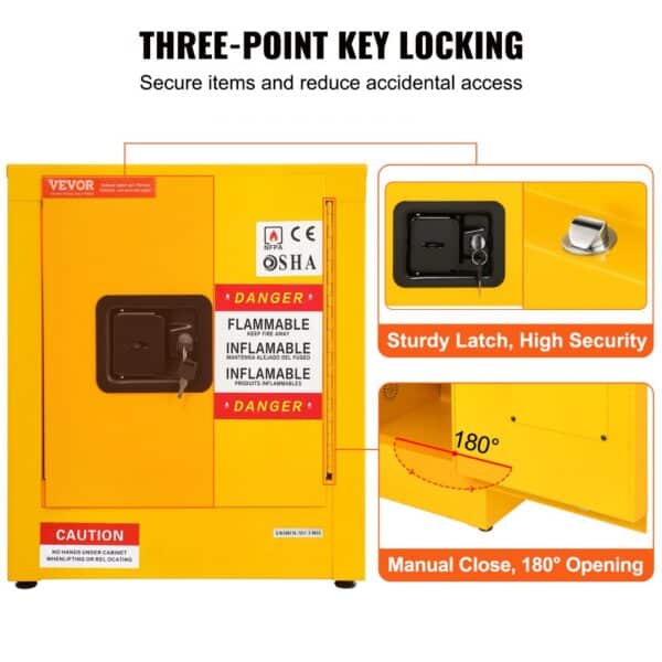 VEVOR flammable cabinet with three-point key locking, sturdy latch, and 180° manual close.