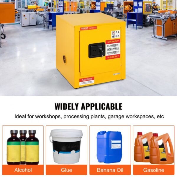 yellow VEVOR flammable cabinet in a workshop with various flammable liquids shown.