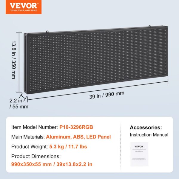 VEVOR 99x35cm Programmable LED Sign Scrolling Display Board P10 Full Color