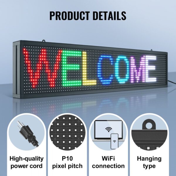 VEVOR 99x19cm Programmable LED Sign Scrolling Display Board P10 Full Color