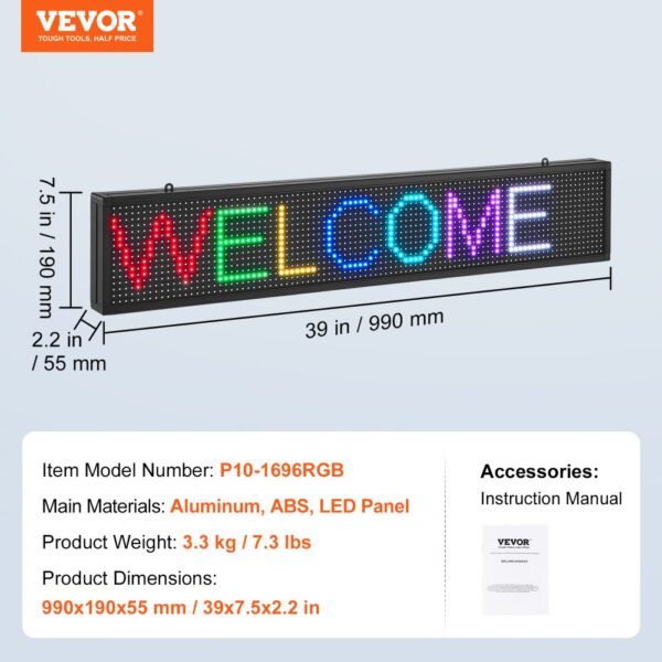 VEVOR 99x19cm Programmable LED Sign Scrolling Display Board P10 Full Color