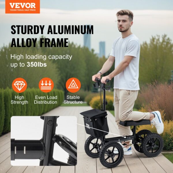 VEVOR knee scooter with sturdy aluminum alloy frame, high loading capacity up to 350lbs, high strength.