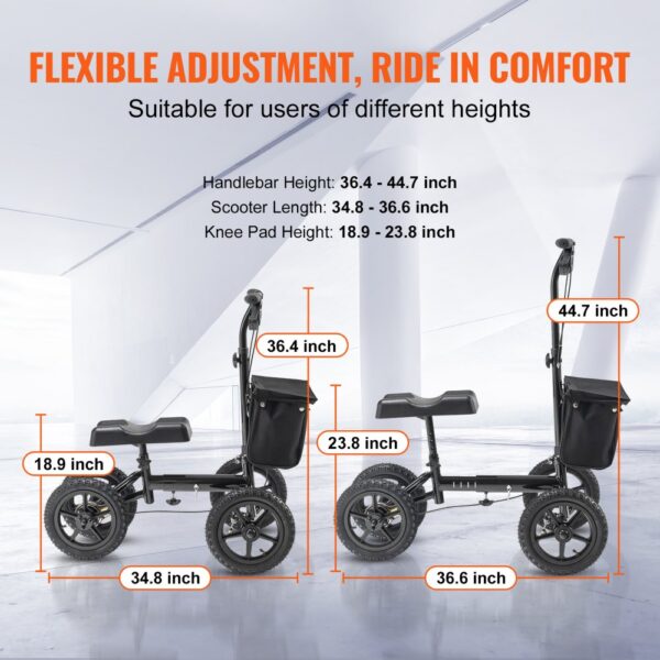 VEVOR knee scooter with adjustable height measurements and large wheels for comfort and versatility.