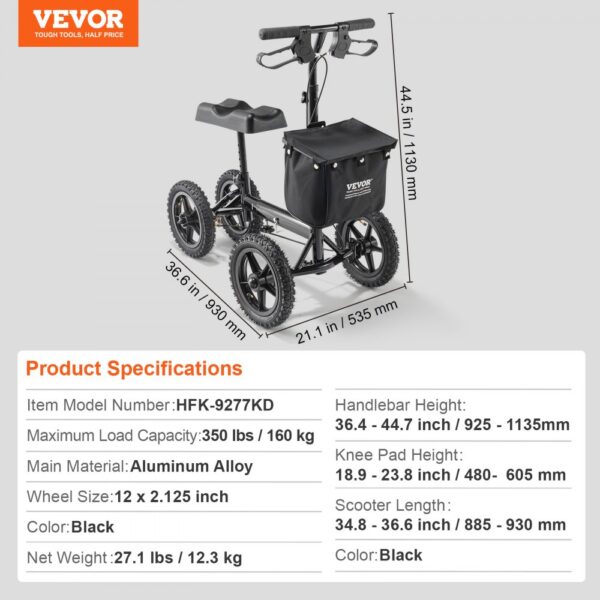 VEVOR knee scooter, black, aluminum alloy frame, 12 x 2.125 inch wheels, basket, dimensions displayed.