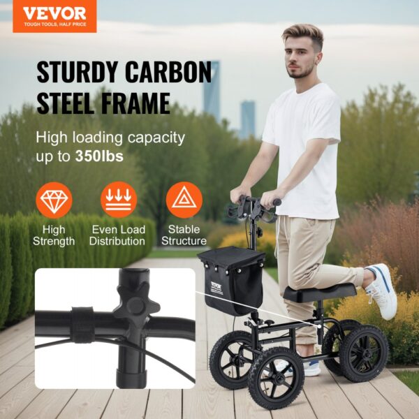 VEVOR knee scooter with sturdy carbon steel frame, high loading capacity up to 350lbs, high strength