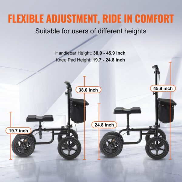 VEVOR knee scooter with adjustable handlebar and knee pad heights for user comfort and flexibility.