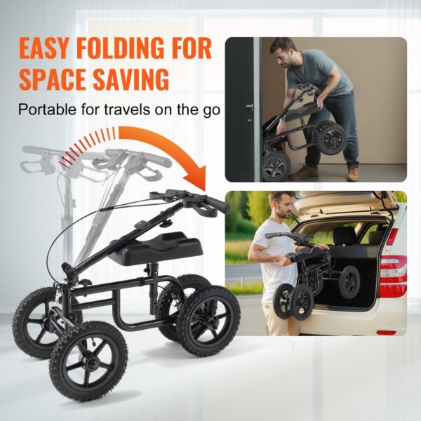 VEVOR knee scooter with easy folding design for space-saving, shown being loaded into a car trunk.