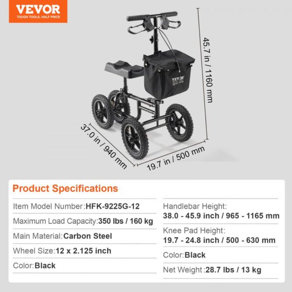 VEVOR knee scooter with adjustable height, carbon steel frame, and storage bag. max load: 350 lbs. black.