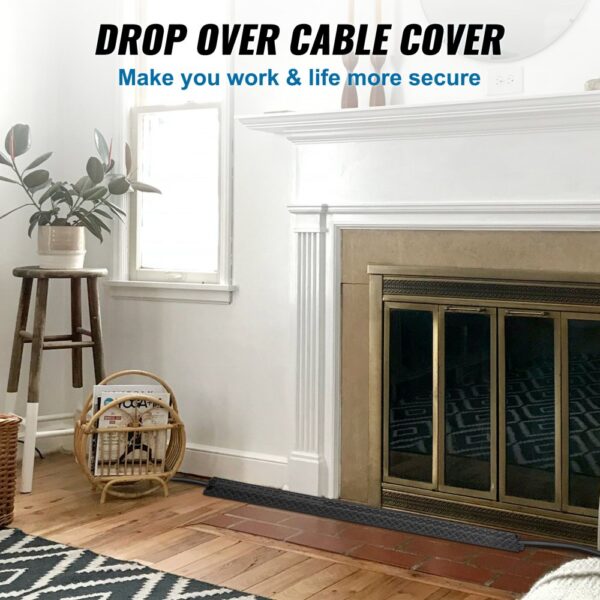 VEVOR speed bump drop-over cable cover in a cozy living room with a fireplace and indoor plants.