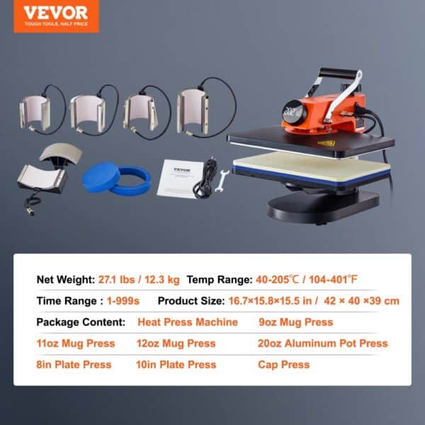 VEVOR Heat Press Machine 12x15in 8in1 Sublimation Transfer T-shirt Plate Mug Cup