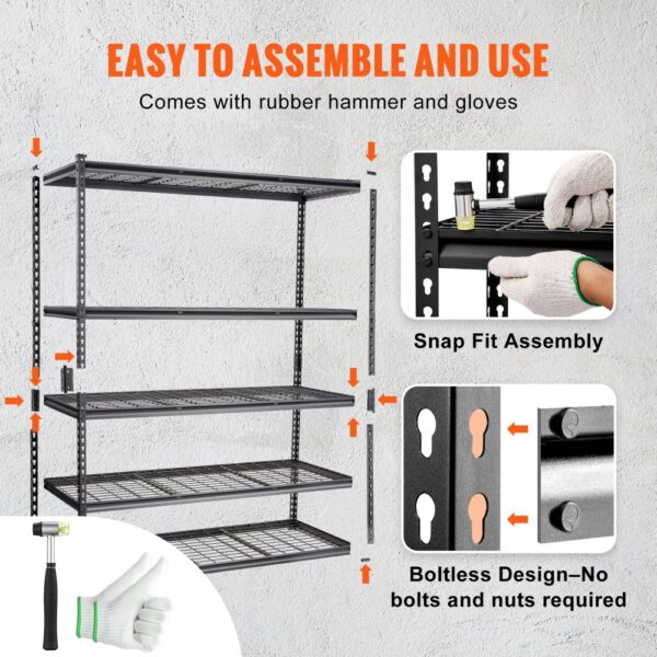 VEVOR storage shelving unit with snap fit assembly, boltless design, rubber hammer, and gloves.