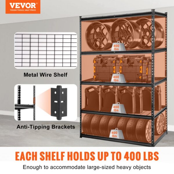 VEVOR storage shelving unit with metal wire shelves, anti-tipping brackets, and 400 lbs weight capacity per shelf.