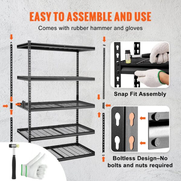 VEVOR storage shelving unit, easy snap-fit assembly with rubber hammer and gloves, boltless design.