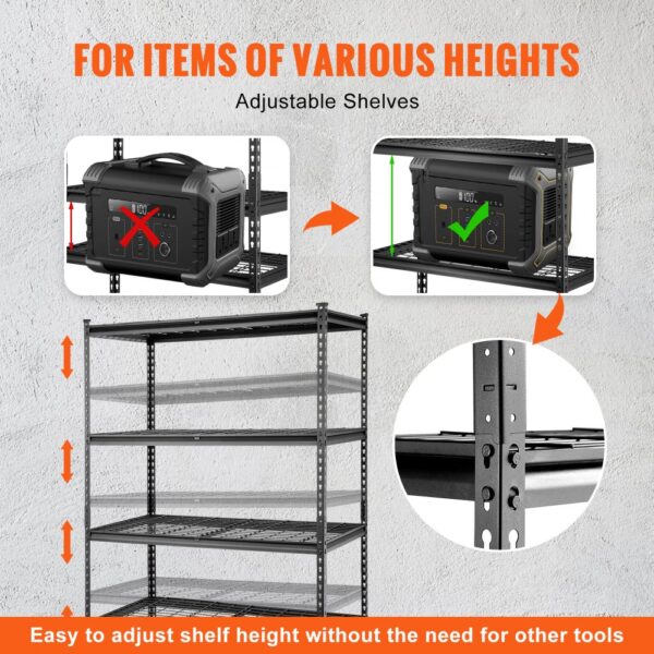 adjustable VEVOR storage shelving unit for items of various heights, easy to adjust without tools.