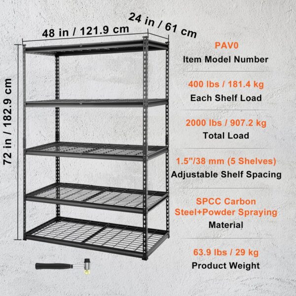 VEVOR storage shelving unit, 48"x24"x72", 400 lbs shelf load, adjustable, spcc carbon steel.