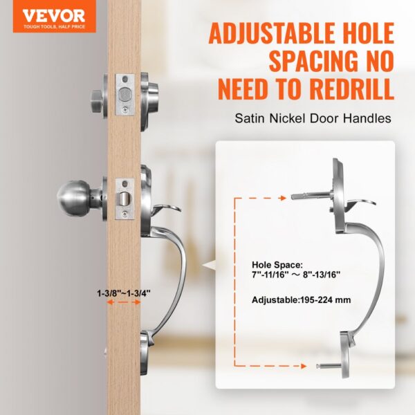 VEVOR front door handle set with adjustable hole spacing in satin nickel finish, no redrill needed.