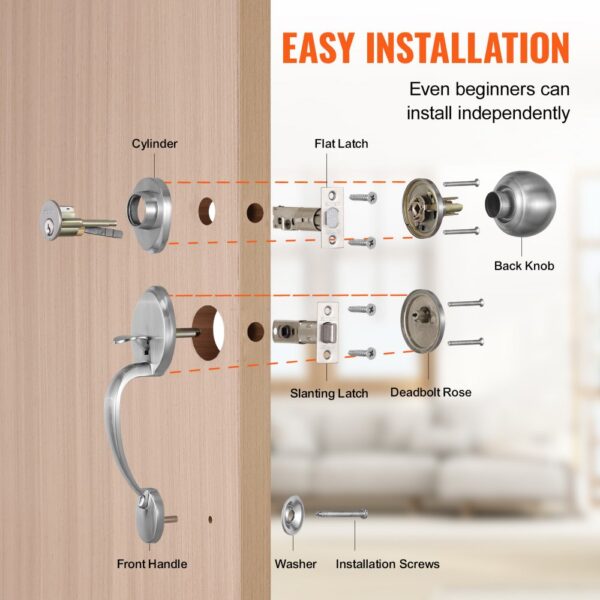 VEVOR front door handle set installation guide with labeled parts: cylinder, latches, knobs, and screws.