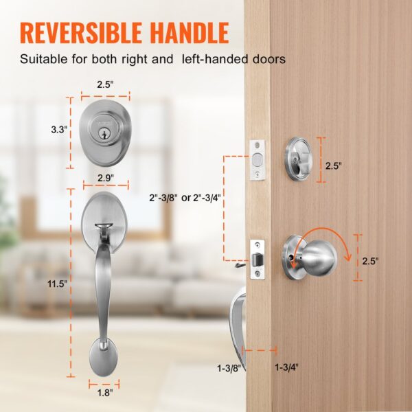 VEVOR front door handle set for right and left-handed doors, detailed measurements included.