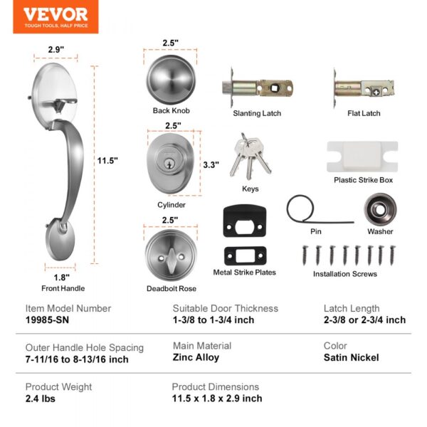 VEVOR front door handle set includes knob, latch, lock cylinder, keys, strike plates, and installation screws.