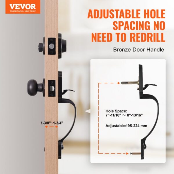 VEVOR front door lock set, bronze handle, adjustable hole spacing, no need to redrill, side view.