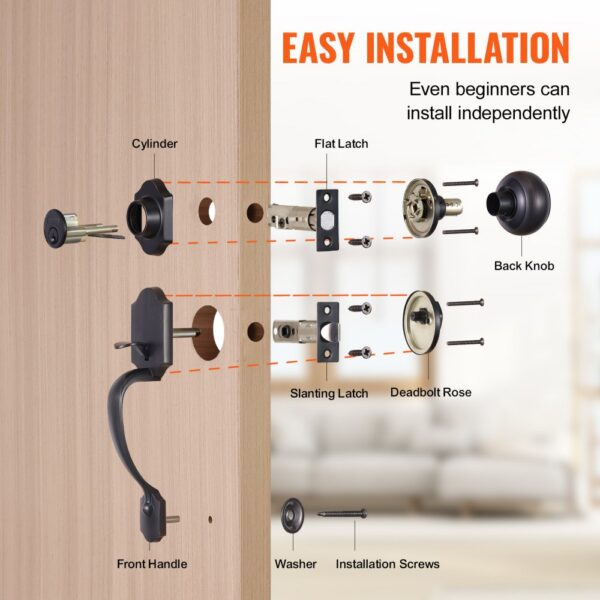 VEVOR front door lock set installation guide with labeled parts including latch, handle, and knob.